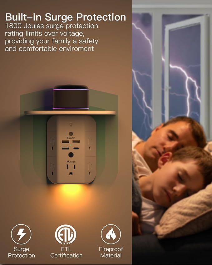 Mifaso 3-Sided Multi Plug Power Strip, Wall Extender with Shelf, Night Light & Surge Protector, USB Wall Charger with 5 AC Wide Space Outlets and 3 USB & 1 C Port, White