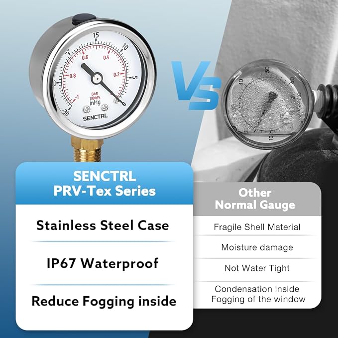 SENCTRL 30inHg Vacuum Pressure Gauge, 1/4 NPT Lower Mount, Waterproof, - Image 3
