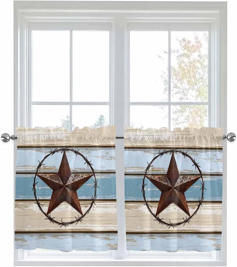 Vintage Western Star on Wood Grain Window Valance Curtains, Retro Wooden - Image 6