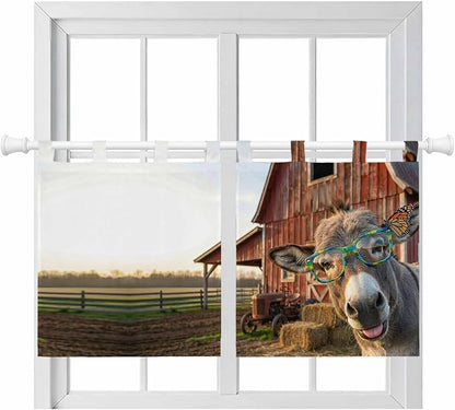Farm Donkeys Kitchen Curtains 24 Inch Length, Small Window Curtains Tab Top by Unknown