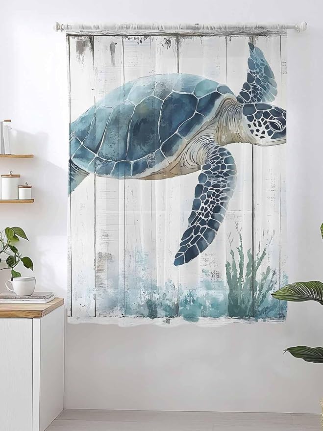 Sheer Curtains 72 Inches Long, Sea Turtle Teal Blue Semi Sheer Curtains Light - Image 2