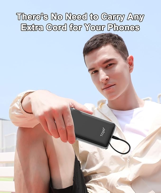 TG90° Portable Charger with Cords Only 10000mAh Power Bank with Built in Cables(No Plug) Battery Backup Cell Phone External Battery Pack Compatible with iPhone 17 16 15 14 13 12 Samsung Google iPad