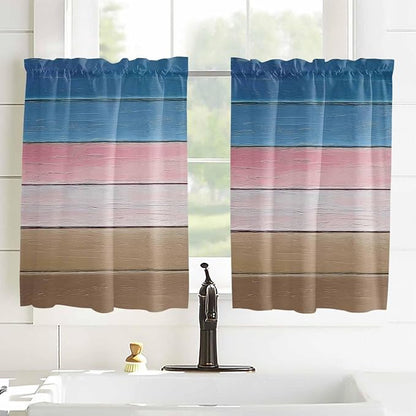 Blue Pink Brown Gradient Wood Grain Window Valance Curtains, Vintage Wood Board - Image 4