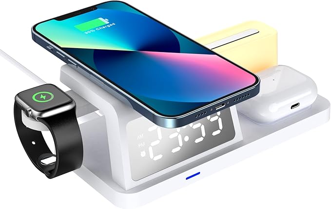 FJHBL Multi-Functional Wireless Charger with Clock -HT309(White), Alarm, Color-Switchable Night Light, 15W Wireless Charging, Compatible with Almost All Qi-Enabled Phones, Watches, and Earbuds.