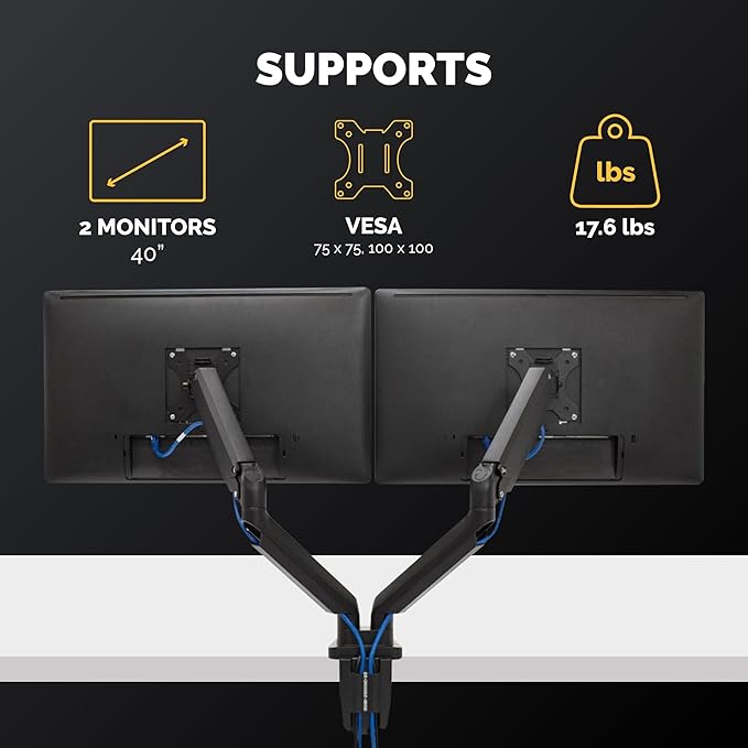 Fellowes Platinum Series Dual Monitor Arm for 40-Inch Monitors, Full Motion, 360° Rotation, VESA Mount with Grommet or Clamp, USB Ports, Ergonomic, Black, 8042501