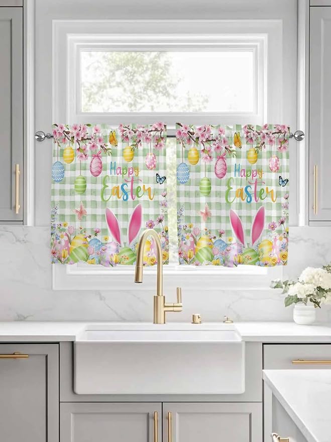 Happy Easter Half Window Curtain 36 Inches Long, Spring Bunny Eggs Flower Sage - Image 3