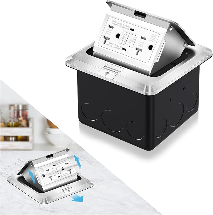 Vagueior Recessed Floor Electrical Outlet Kit,Waterproof Electrical Outlet Covcer Box,Hidden GFCI Outlet+20A Tamper-Resistant Receptacle Outlet with Slow Elastic Damping，ETL Certified，Silver(1 Pack)