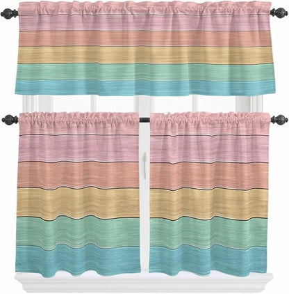 Kitchen Window Curtains Valance and Tier Set, Farm Colorful Wooden Plank Rod - Image 2