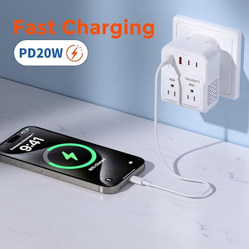 2000W Voltage Converter US to Europe for Hair Dryers, 7-in-1 220V to 110V Converter for European Travel with 3 AC/2 USBA/2 USBC Ports (PD20W), Universal Travel Adapter with Type C G Plug (White)