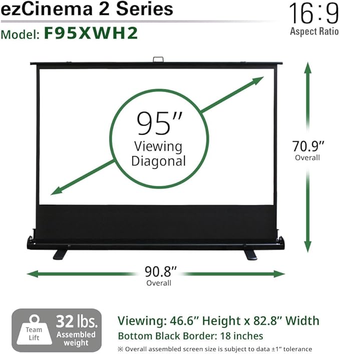 Elite Screens ezCinema 2, 95-inch 16:9 Manual Floor Pull Up Scissor Backed Projector Screen, Portable Home Office Classroom Front Projection w/ Carrying Bag, US Based Company 2-YEAR WARRANTY, F95XWH2