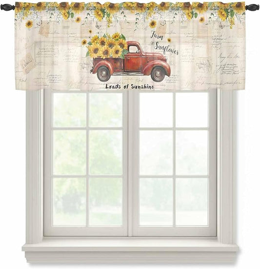 Farmhouses Sunflowers Sheer Valance Curtains, Retro Floral Leaves Red Truck by Houseown