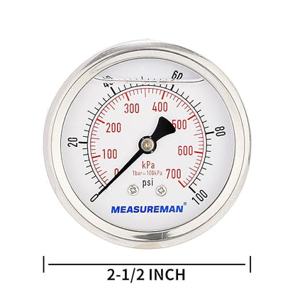 MEASUREMAN 2-1/2inch Dial Size, Glycerin Filled Pressure Gauge, 0-100psi/kpa - Image 5