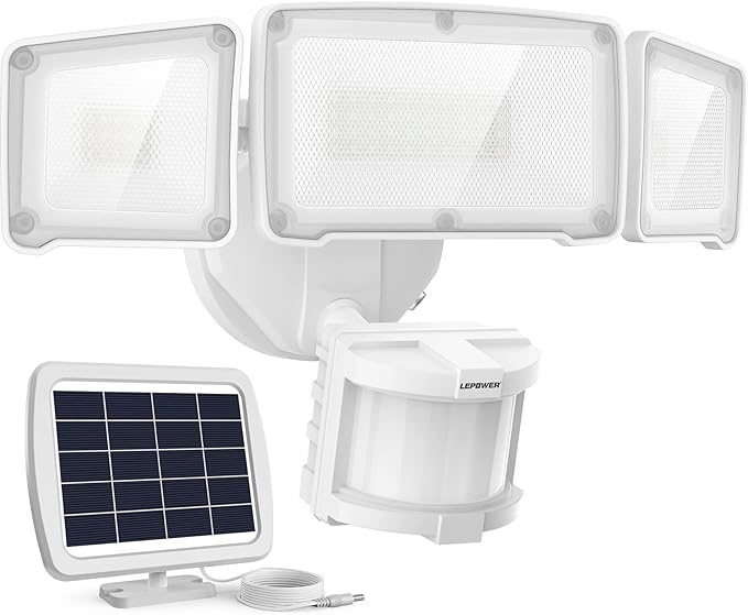 LEPOWER 1600LM LED Solar Security Lights Motion Outdoor, Motion Sensor Light, 5500K White Light, IP65 Waterproof Outdoor Flood Solar Light with 3 Adjustable Head for Yard, Garage（White）