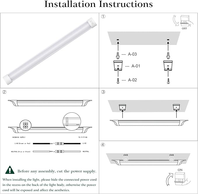 colmeguna 8 Packs 4FT LED Batten Light, Ultra-Thin Slim Ceiling Surface Mounted Light, 40W, 4000K, IP20, LED Ceiling Lamp for Garage, Shop, Hallway, Office, Market