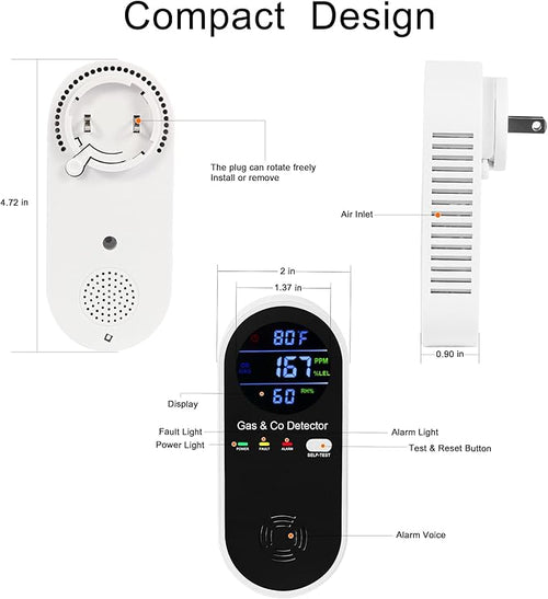 3 Packs Plug in Gas & Carbon Monoxide Detector, 4-in-1 Carbon Monoxide Alarm,Fahrenheit(°F) & Humidity,Natural Gas Detector,Methane,Propane & CO Detector for Home,RV,Apartment
