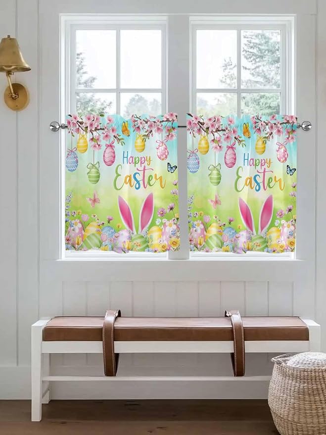 Easter Half Window Curtain 36 Inches Long, Spring Bunny Colorful Rabbit Eggs - Image 4