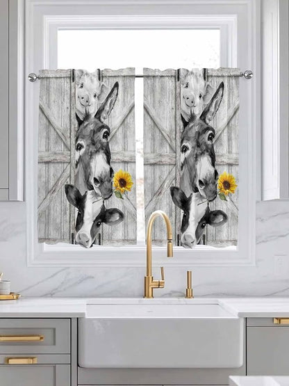 Grey Farmhouse Kitchen Curtains 45 Inches Length, Vintage Sunflowers Animals - Image 3