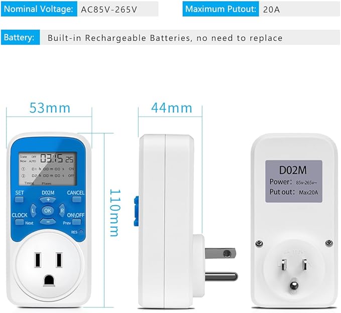 Timer Outlet, Programmable 110V/220V Pump Timer Switch, Minimum Setting by Seconds, Timing Socket Converter, Power Timing Automatic Control Outlets