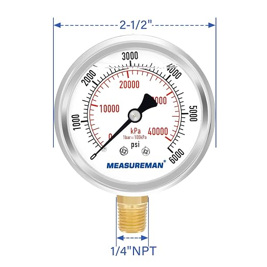 MEASUREMAN 2-1/2" Dial Size, Glycerin Filled Pressure Gauge, 0-6000psi/kpa - Image 7