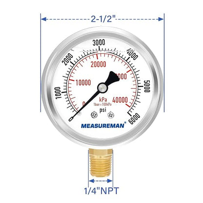 MEASUREMAN 2-1/2" Dial Size, Glycerin Filled Pressure Gauge, 0-6000psi/kpa - Image 7