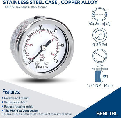 SENCTRL 0-30 Psi Low Pressure Gauge, 1/4 NPT Back Mount, Waterproof, Stainless - Image 2