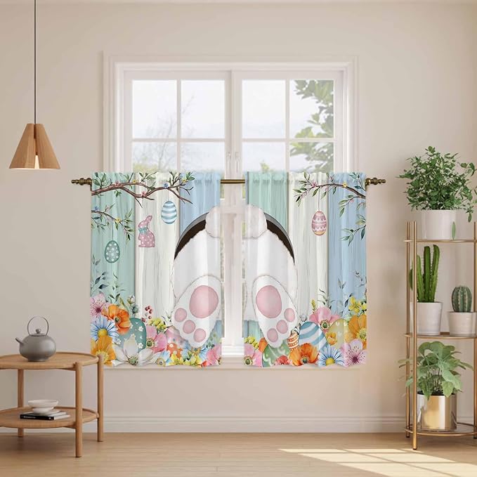 Easter Kitchen Curtains 45 Inch Long 2 Panel Set, Rod Pocket Window Treatment - Image 3