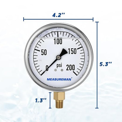 MEASUREMAN Glycerin Filled Plumbing Pressure Gauge 0-200psi Stainless Steel Case - Image 6