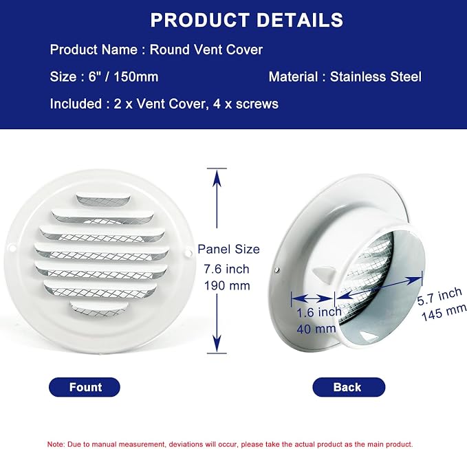 6 Inch White Soffit Vent Covers, LouanXpert Stainless Steel Round Air Vent - Image 2