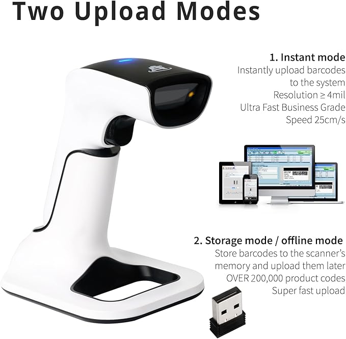 ScanAvenger Wireless Portable 1D&2D with Stand Bluetooth Barcode Scanner: 3-in-1 Handheld Scanner, Rechargeable Battery for Inventory - USB Bar Code/QR Reader (1D&2D with Next Gen Stand)