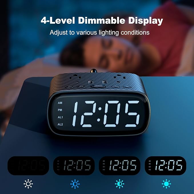 10PCS Alarm Clock with 2 USB-C, 2 USB-A Chargers Power Strip 2 Outlets - Screen LED Dimmable Digital Clock with Snooze Function - Dual Alarm for Bedside Nightstand