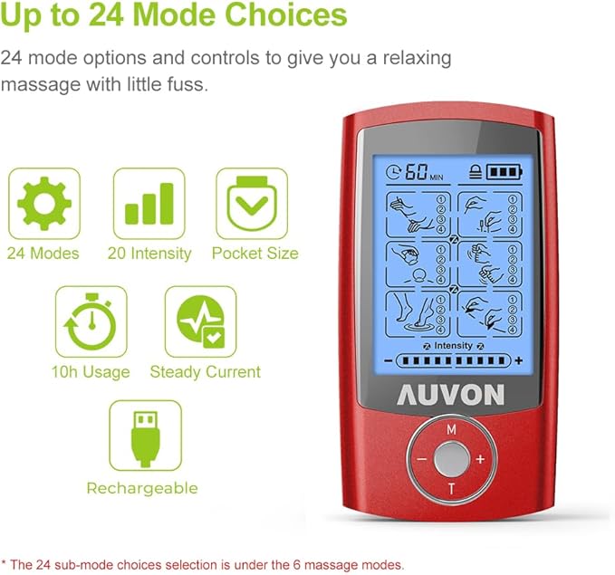 AUVON Rechargeable TENS Unit Muscle Stimulator, 24 Modes 4th Gen TENS Machine with 8pcs 2"x2" Premium Electrode Pads for Pain Relief