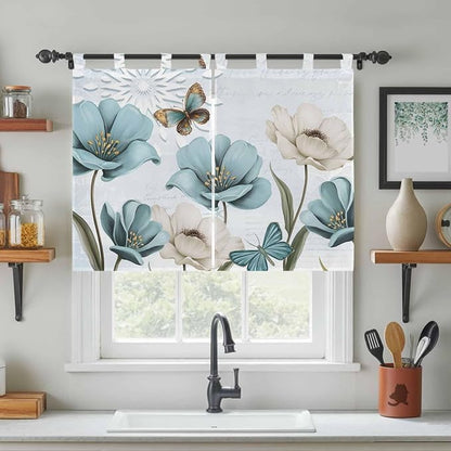 Blue Tulips Bedroom Curtains 63 Inch Length, Window Curtains Tab Top, - Image 3