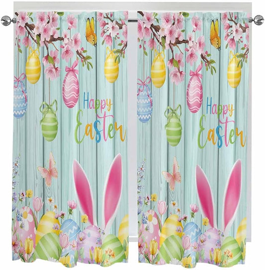 Happy Easter Bedroom Curtains 63 Inches length, Spring Bunny Eggs Flower Teal by Unknown