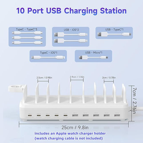 285W Charging Station for Multiple Devices, 10 Ports Fast Multi-Device Charger Organizer Compatible with MacBook Pro Laptop, iPhone, Android, Ipad, Tablet, Kindle, Family Multi-Device Charging Dock