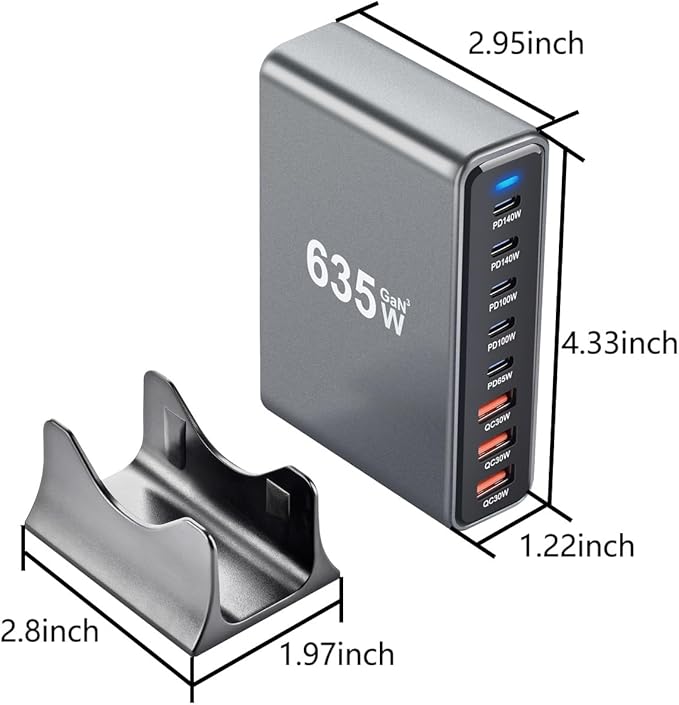 SquareWiz 635W GaN Super Fast Charging Station,8 Port USB C Charger Block for iPhone,iPad,MacBook Air Pro,Tablets,Android Phone,Multiple Port PD QC3.0 USB Type C Fast Charging Adapter Desktop Dock