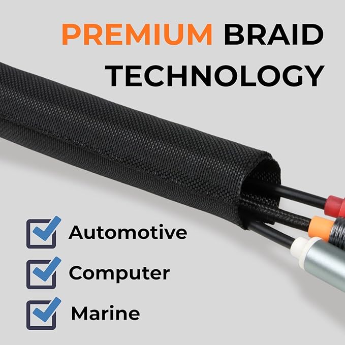 Holed 3/4 inch Split Braided Cable Management Sleeve for USB Cable Power Cord Audio Video Cable, High-Temperature Automotive Harness Wire Loom Cord Protector from Cat Dog Chewing (Black, 10FT)