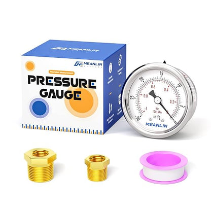 MEANLIN MEASURE -30inHG~0Psi Vacuum Gauge Stainless Steel 1/8" NPT 2" FACE DIAL by MEANLINMEASURE