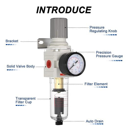 AIRZOE 1/4"NPT Air Filter Regulator Combo Piggyback, 5 Micron Brass Element - Image 3