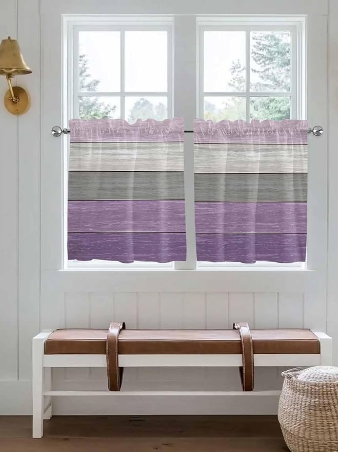 Country Wood Board Gray Purple Window Valance Curtains, Farmhouse Gradient - Image 2