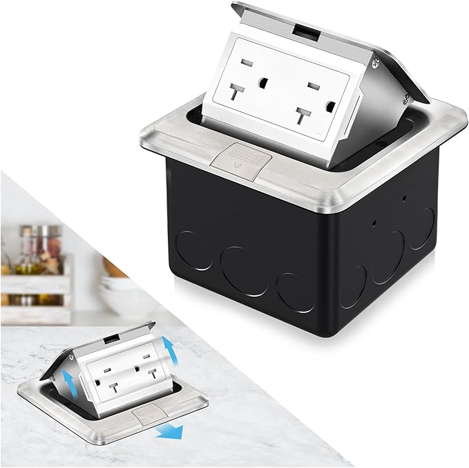 Vagueior Recessed Floor Electrical Outlet Kit,Waterproof Electrical Outlet Covcer Box,Hidden 20A Tamper-Resistant Receptacle Outlet with Slow Elastic Damping，ETL Certified,Stainless Steel (1 Pack)