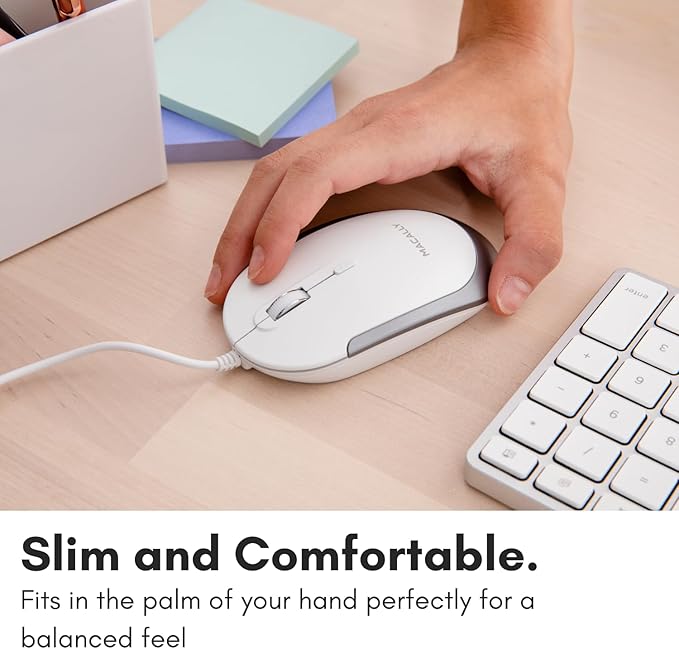 Macally Silent Wired Mouse - Slim & Compact USB Mouse for Apple Mac or Windows PC Laptop/Desktop - Designed with Optical Sensor & DPI Switch - Simple & Comfortable Wired Computer Mouse (White)