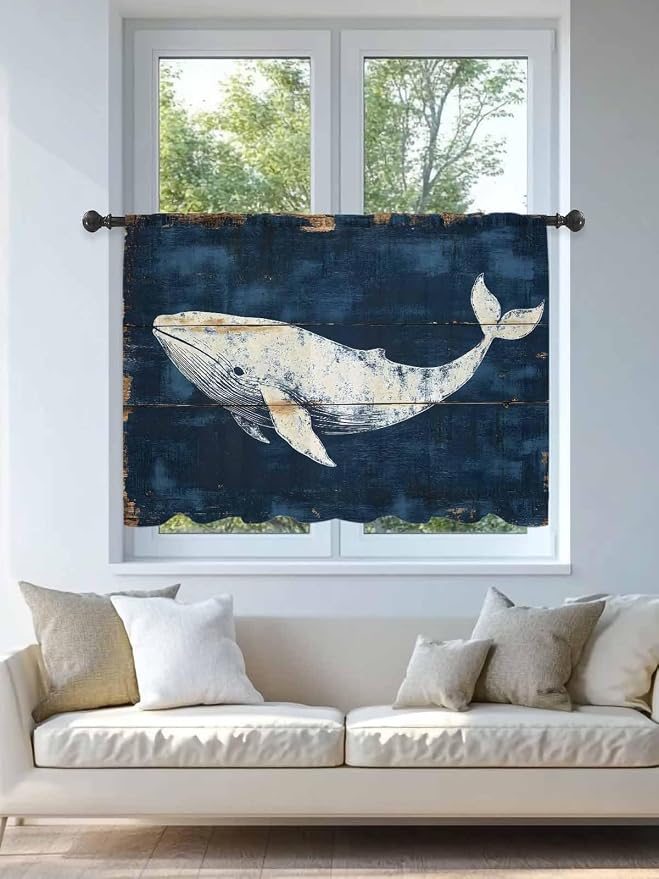 Sheer Curtains 45 Inch Length, Ocean Whale Blue Semi Sheer Curtains Light - Image 4
