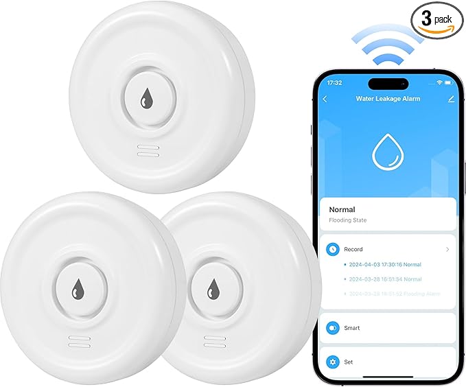 Douevo WiFi Water Leak Sensor, 100 dB Water Alarm Leak Detector, for Home, Basement, Bathroom, Kitchen(3 Pack)