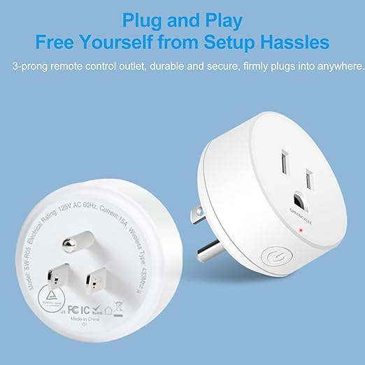 Remote Control Outlet,Greencycle Remote Light Switch and Plug,Wireless Light Switch,500ft Range,No Wiring Needed,15A/1500W for Household Appliances,FCC Certified,White
