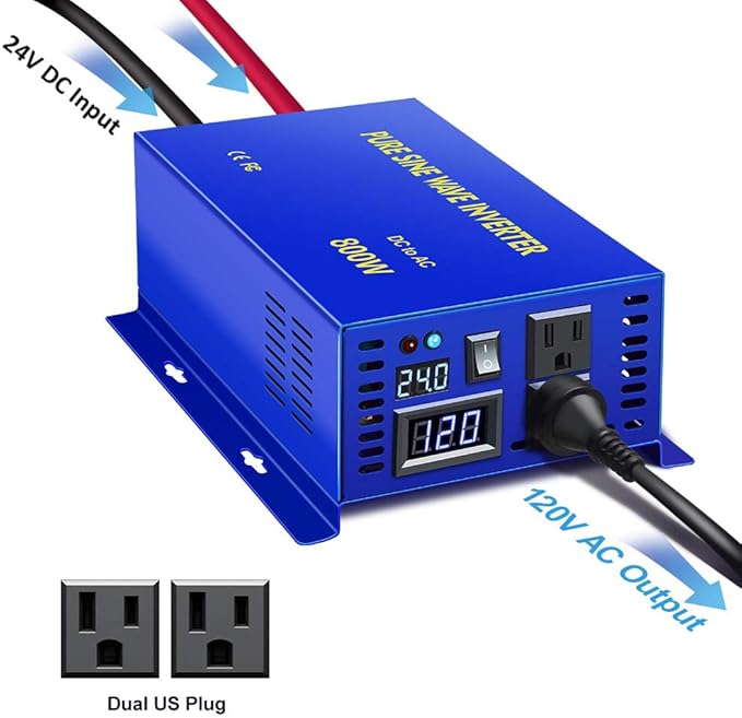XYZ INVT 800 Watt Pure Sine Wave Inverter 24V DC to 110V 120V AC, 800W Power Invert Surge 1600W Power Converter for Solar System. (800W 24V 120V)