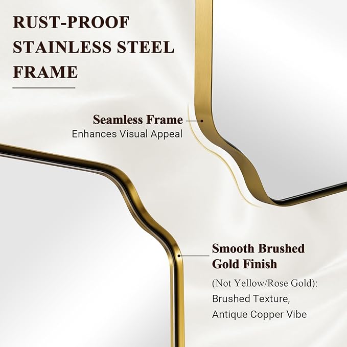 ANDY STAR 30"x48" Gold Bathroom Mirror, Large Scalloped Wall Mirror, Brushed Brass Mirror in Anti-Rust Stainless Steel Metal, Unique Scalloped Edge Design Decorative for Bathroom, Powder Room
