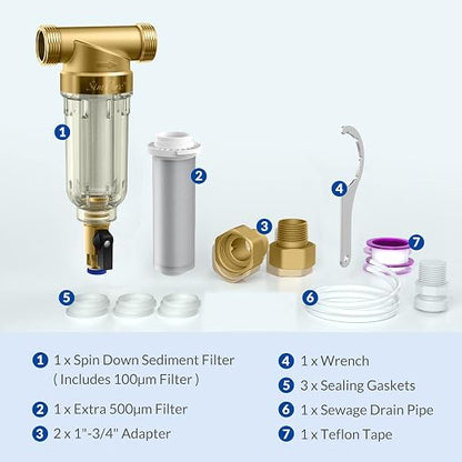 SimPure 100/500 Micron Spin Down Sediment Filter, Reusable Whole House Sediment - Image 7