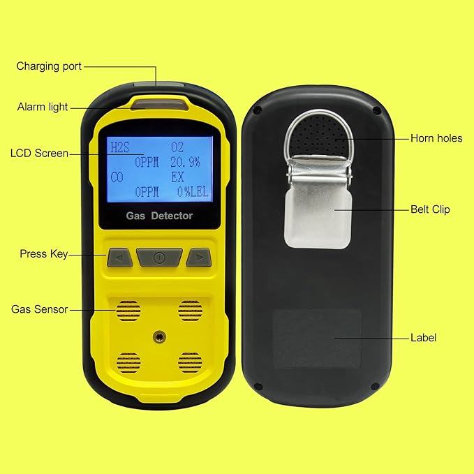 Upgraded 4 Gas Monitor Multi Gas Detector, Yfwsrecinoe Gas Leak Detector, Rechargeable 4 Gas Monitor Ex H2s Co O2 with LCD Multiple Indicator (Yellow)