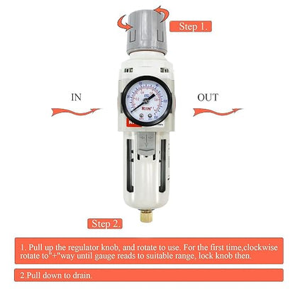 RIH 3/8"NPT Air Filter Pressure Regulator Combo Piggyback, 5 Micron Brass - Image 5
