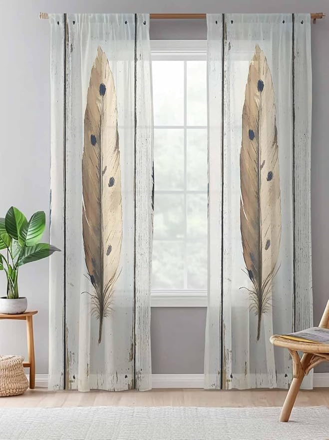 Sheer Curtains 96 Inches Long, Farmhouse Feather Semi Sheer Curtains Light - Image 5